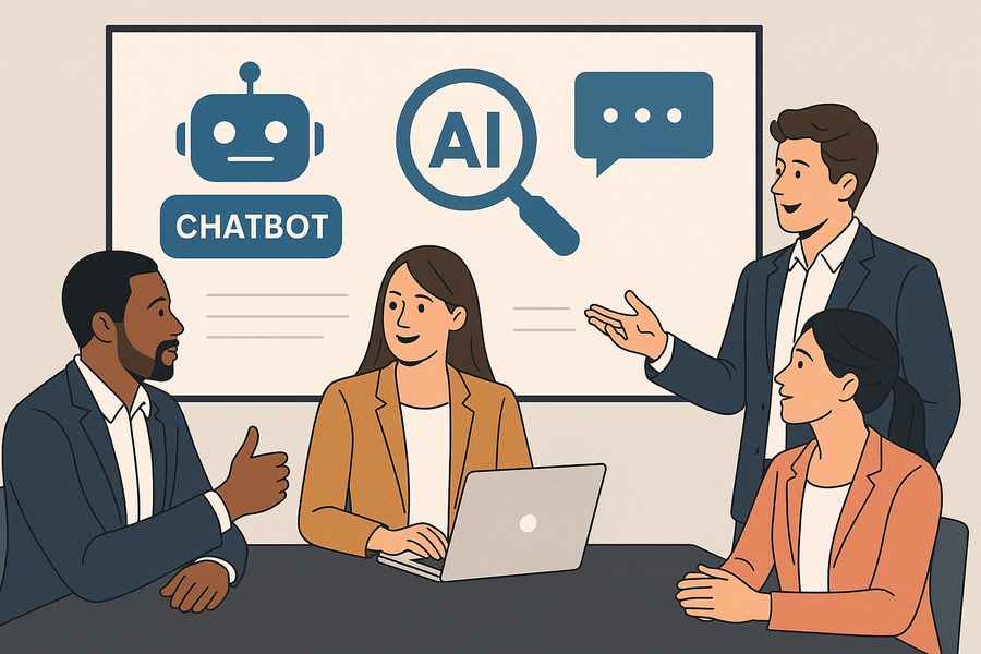 Magnifying glass and chatbot icons representing AI-powered SEO for clients