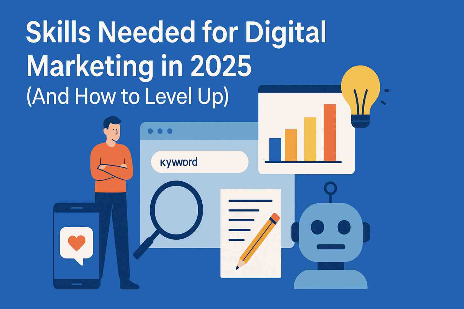 Illustration showing digital marketing tools like SEO, analytics, AI, and content creation for 2025