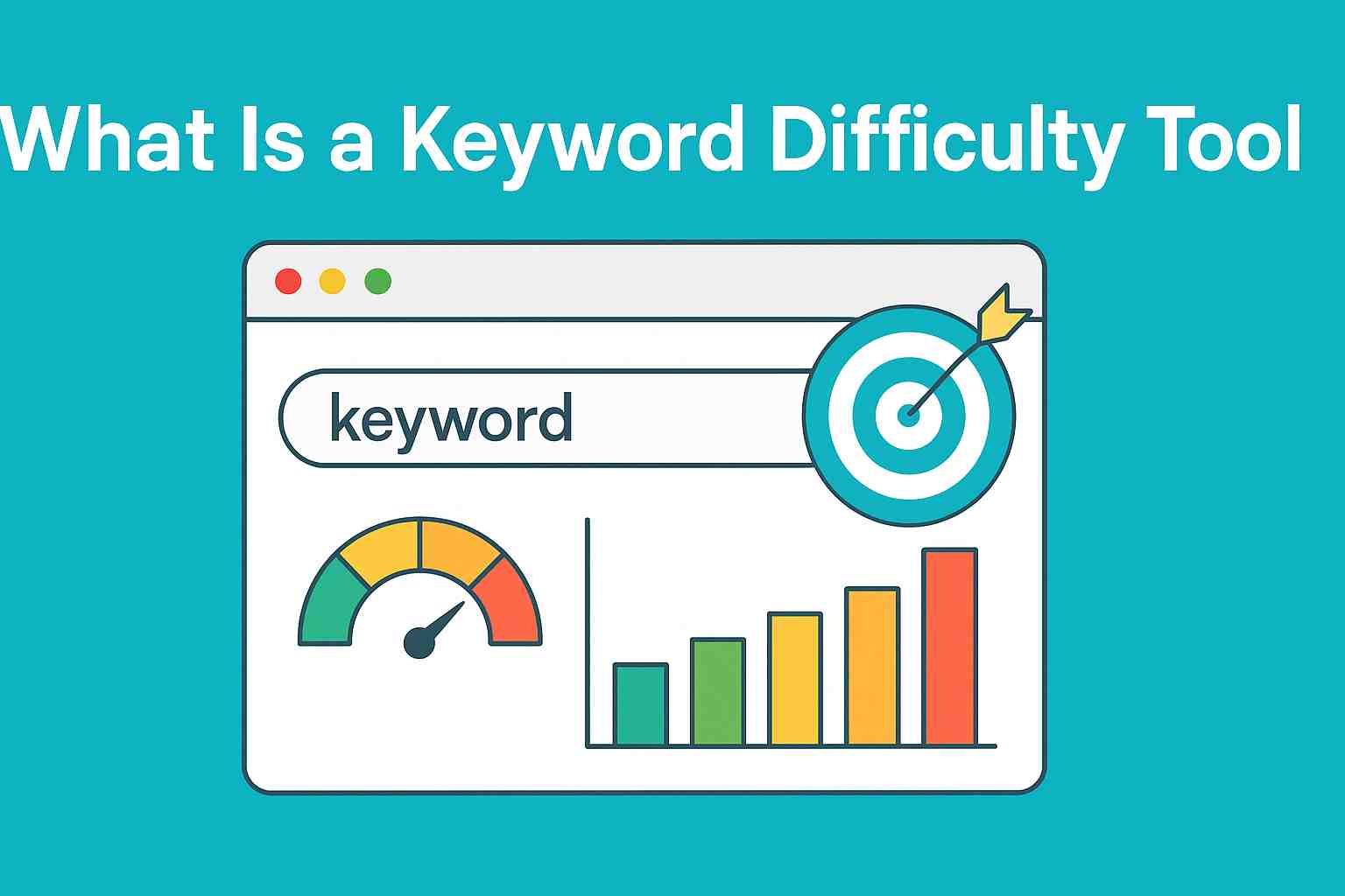 Illustration showing keyword difficulty analysis with a target, bar graph, and gauge meter