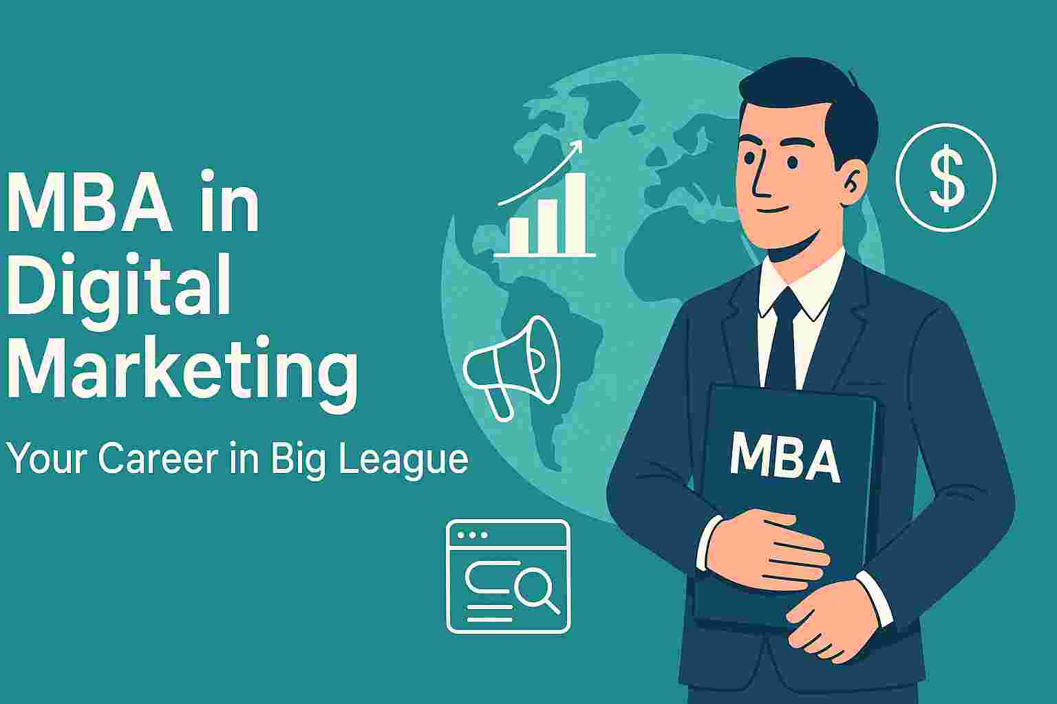 A confident young man in a suit holding an MBA certificate with digital marketing icons and world map background