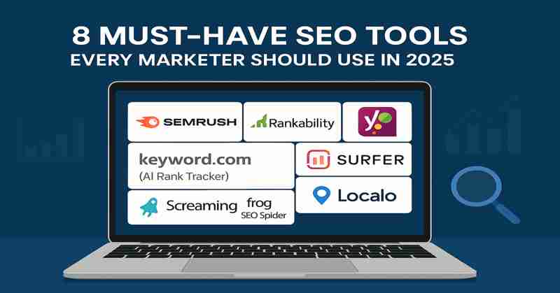 A selection of top SEO tools for 2025 displayed on a digital dashboard