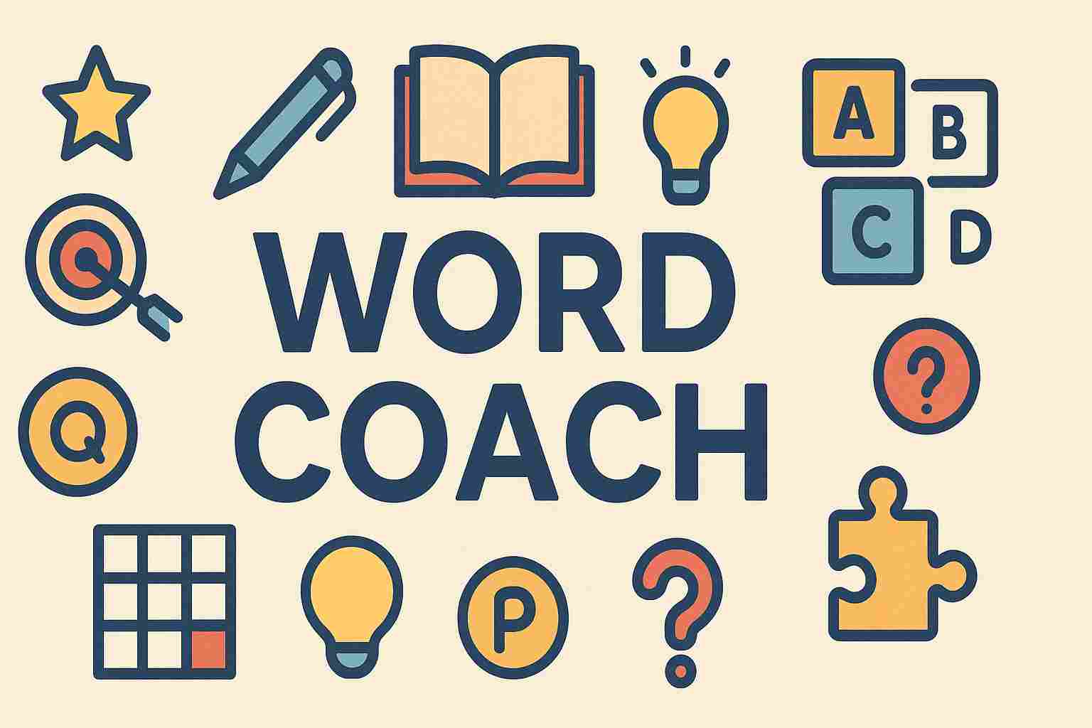 Illustration of Google Word Coach vocabulary game with quiz icons and fun learning visuals.