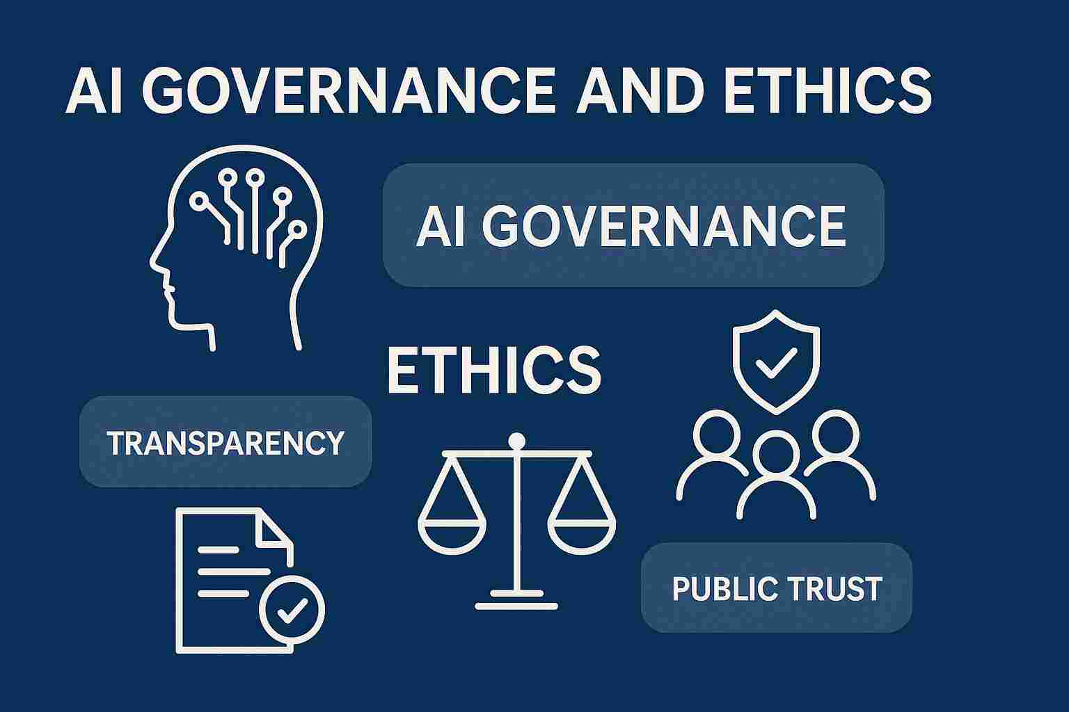 Illustration of AI governance and ethics principles ensuring responsible use of artificial intelligence
