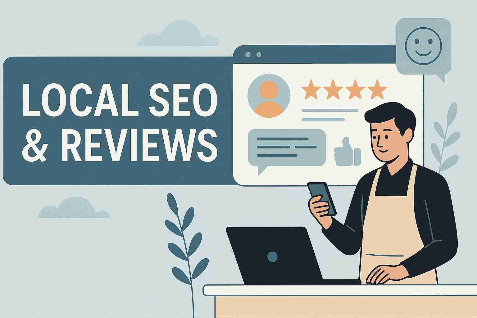 Business owner checking customer reviews to improve local SEO rankings