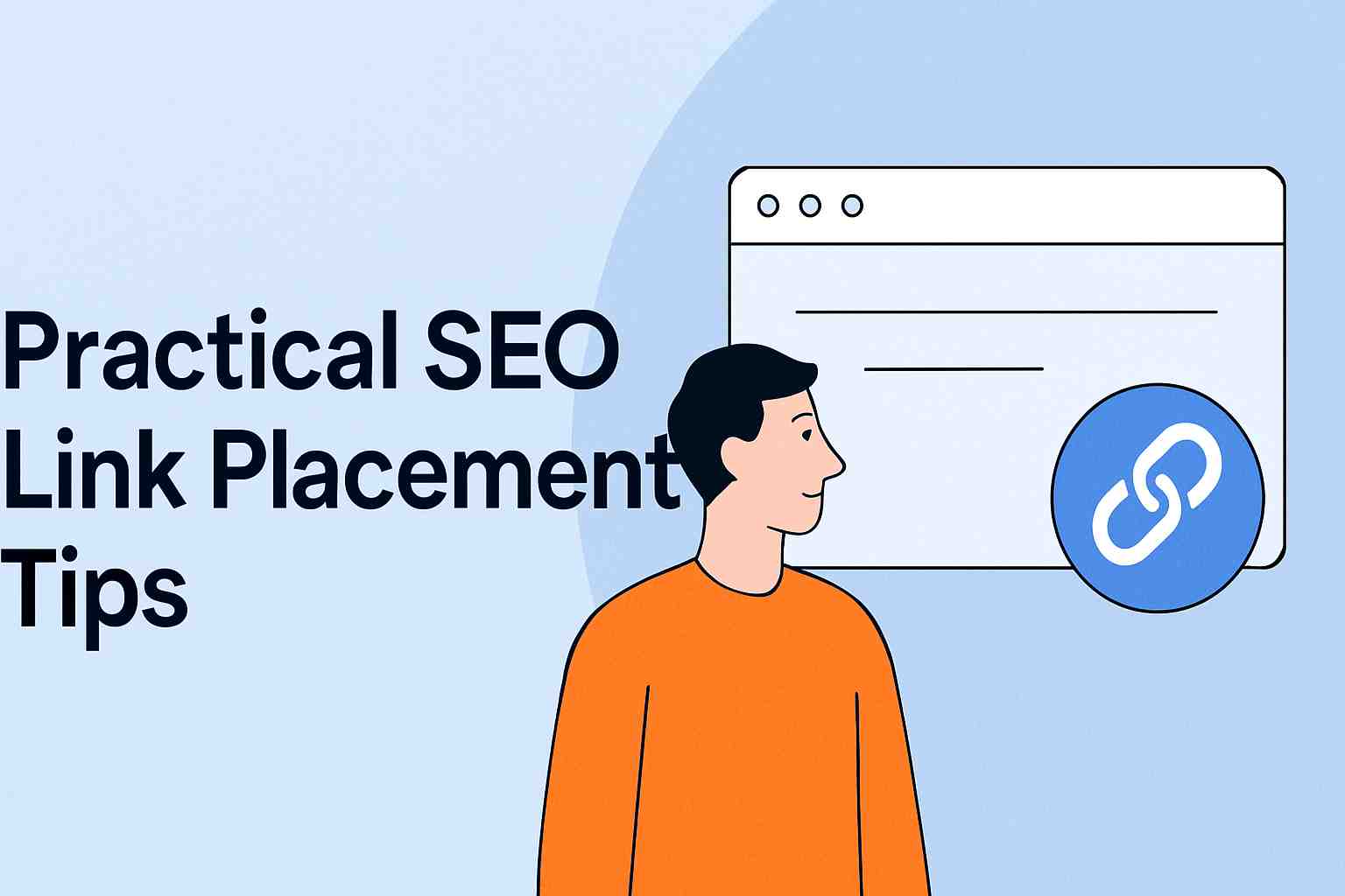 Illustration showing SEO link placement tips with a chain link icon and analytics graphic, highlighting trusted backlinks in 2025.