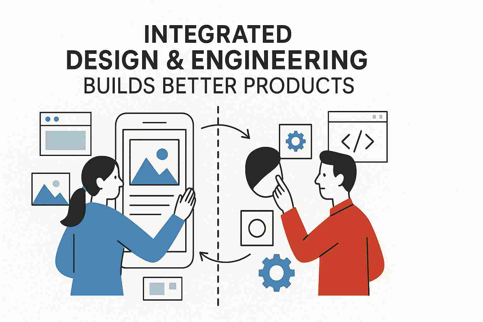 Illustration of a designer and engineer collaborating with connected workflow arrows, representing integrated design and engineering for better product development.
