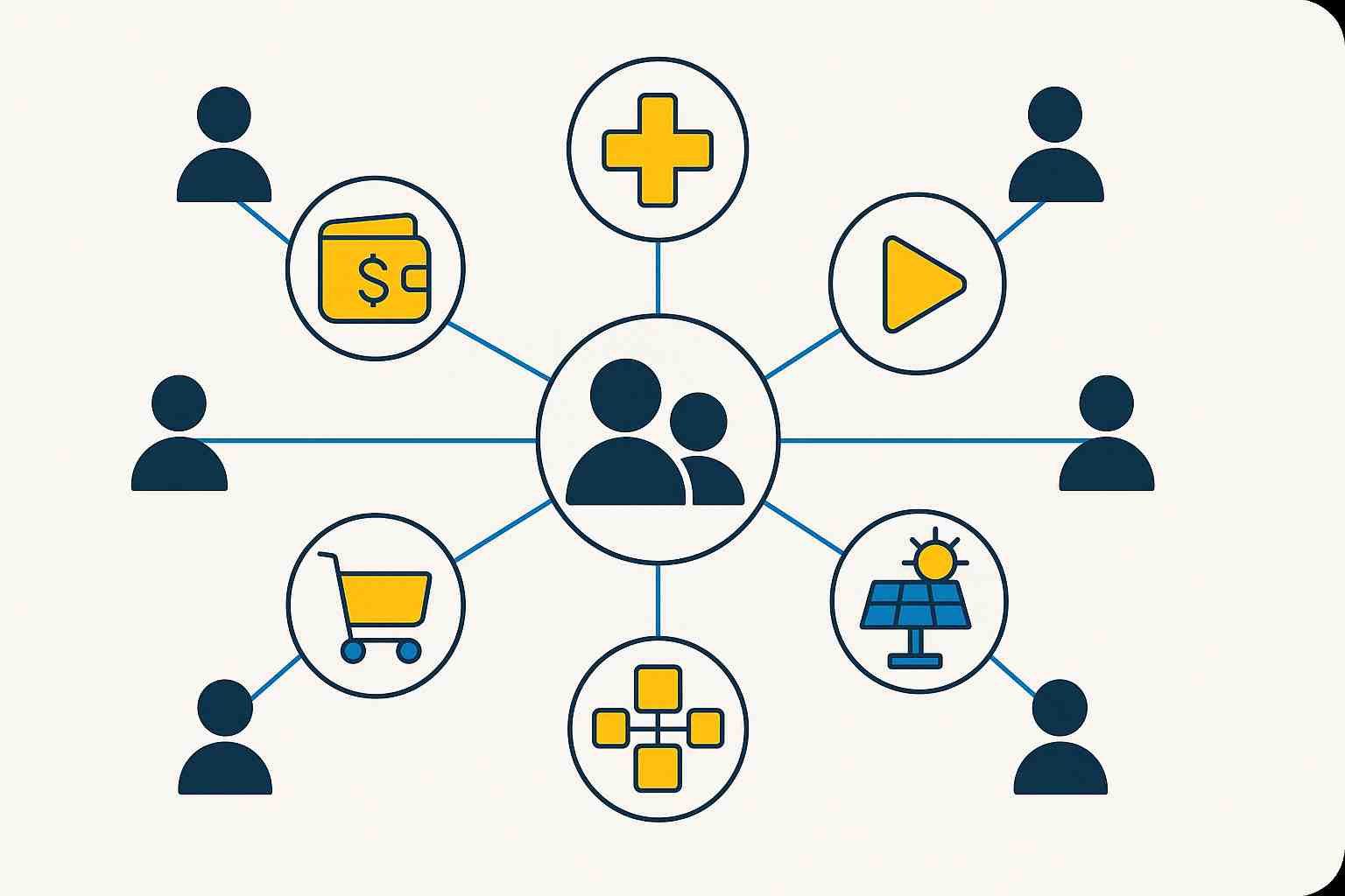 Illustration showing peer-to-peer technology applications in finance, healthcare, retail, OTT streaming, blockchain, and renewable energy.