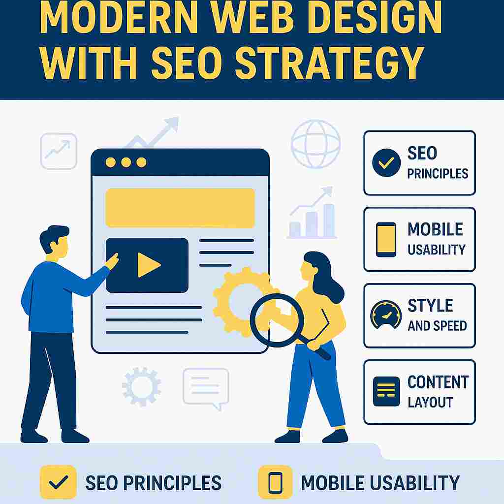 Creative illustration showing integration of modern web design and SEO strategy for higher visibility and user engagement