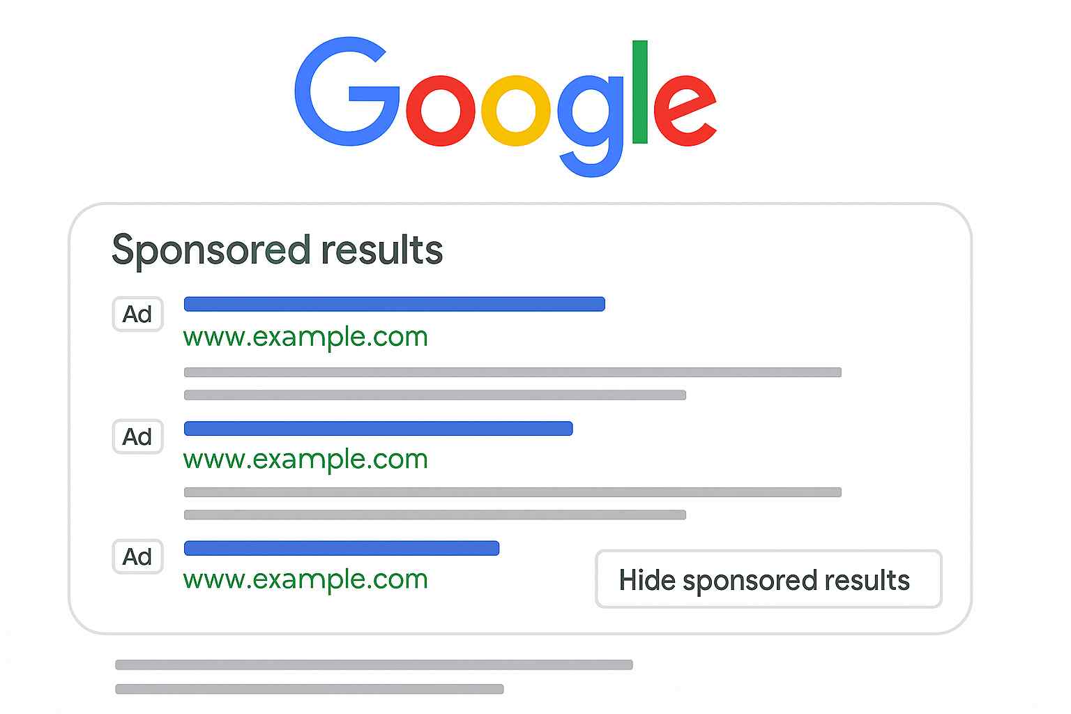 Illustration showing Google Search with a highlighted “Sponsored results” section representing the global rollout of the new ad label update.