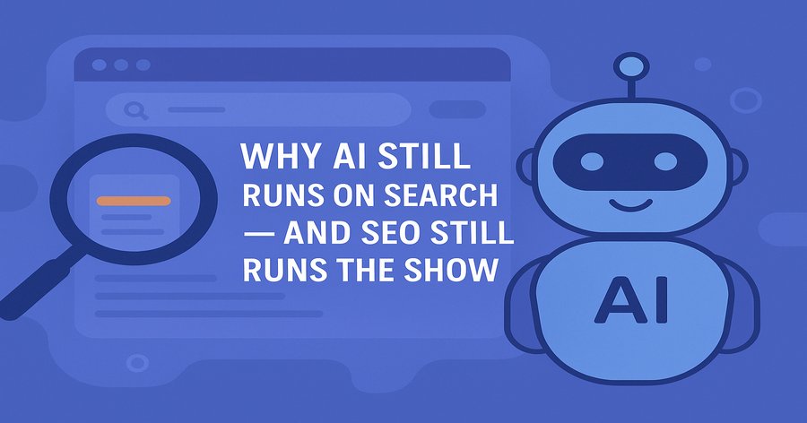 A blue-toned banner showing a magnifying glass over a search results page and a friendly AI robot, representing the connection between search and artificial intelligence.
