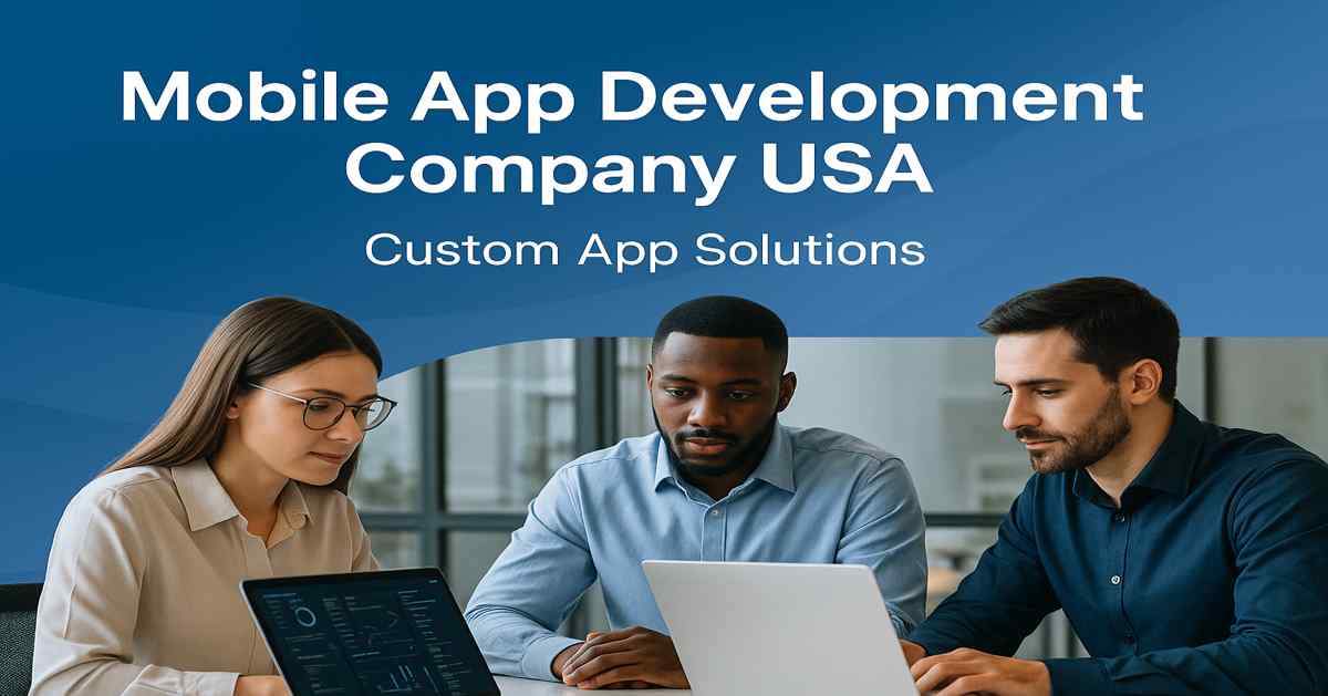 Developers collaborating on custom mobile app development in a modern office environment.