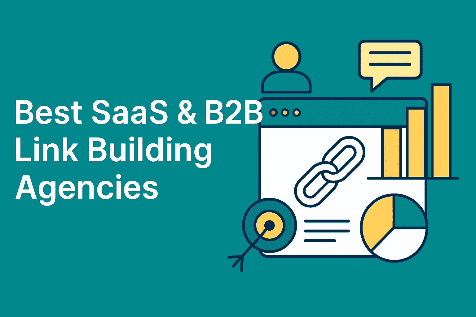 Illustration showing link building concept, charts, and target icon representing SaaS and B2B agency strategies.