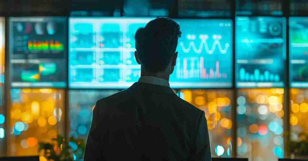 Business professional learning from AI connectivity guide and reviewing data on multiple monitors