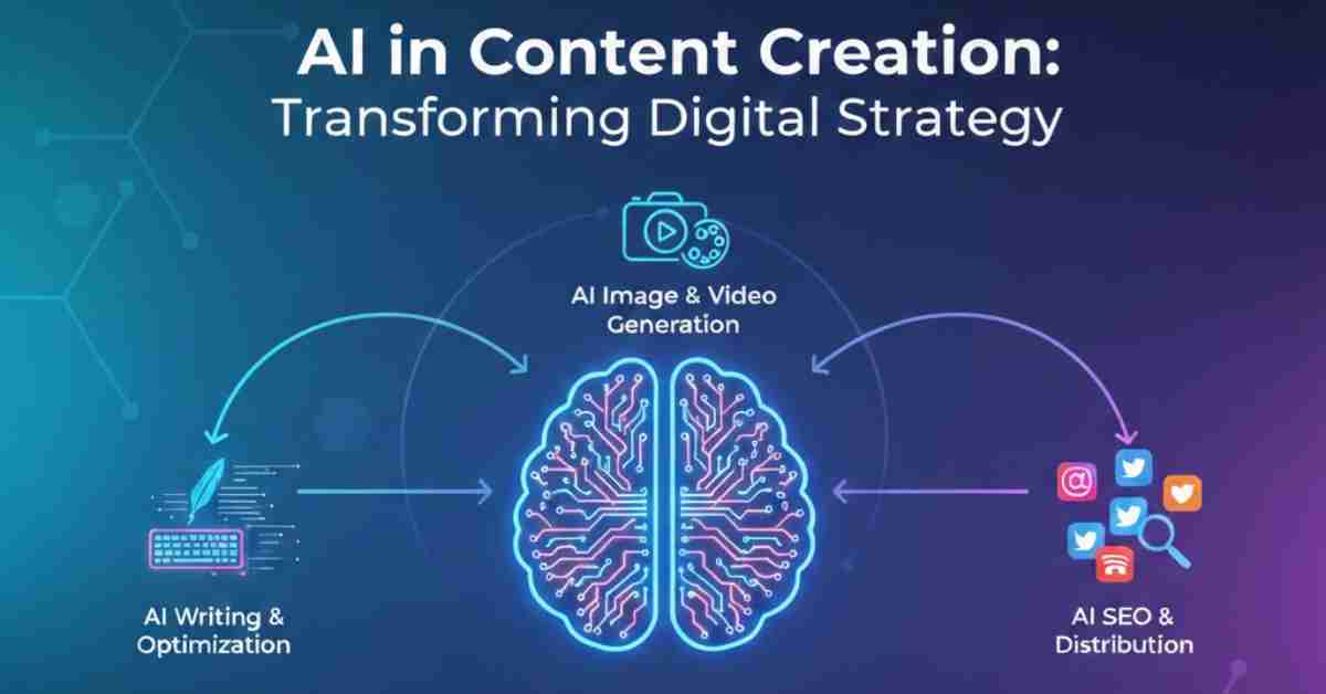 Infographic showing AI applications in writing, video generation, and SEO distribution for digital content creation.