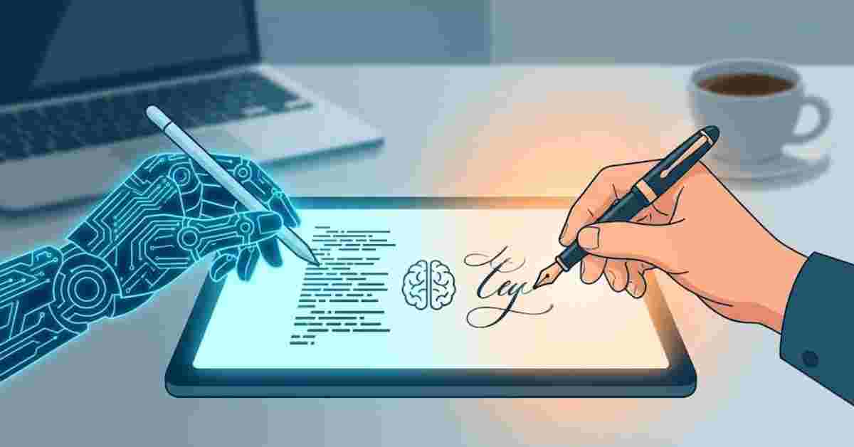 A digital illustration showing a robot hand passing a pen to a human hand, symbolizing the collaboration between AI tools and human bloggers.