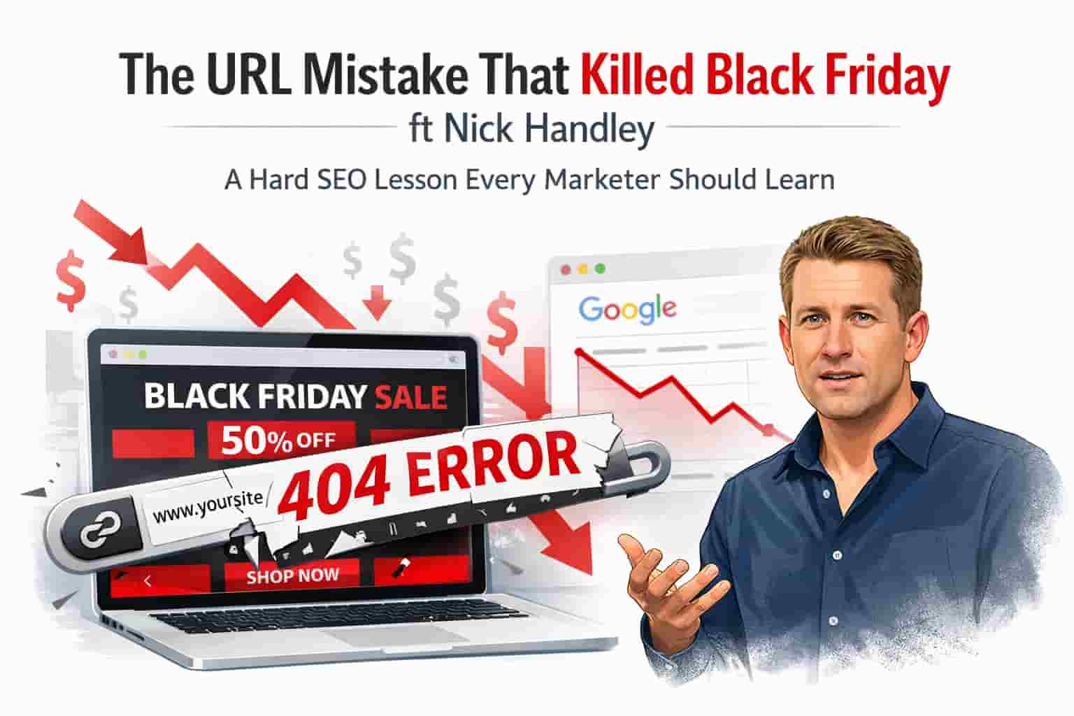 Illustration of a Black Friday SEO failure caused by a URL mistake and 404 error