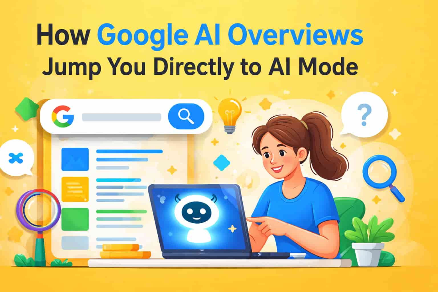 A digital illustration showing a woman interacting with a laptop displaying an AI robot, representing how Google AI overviews with follow-up questions enhance productivity.