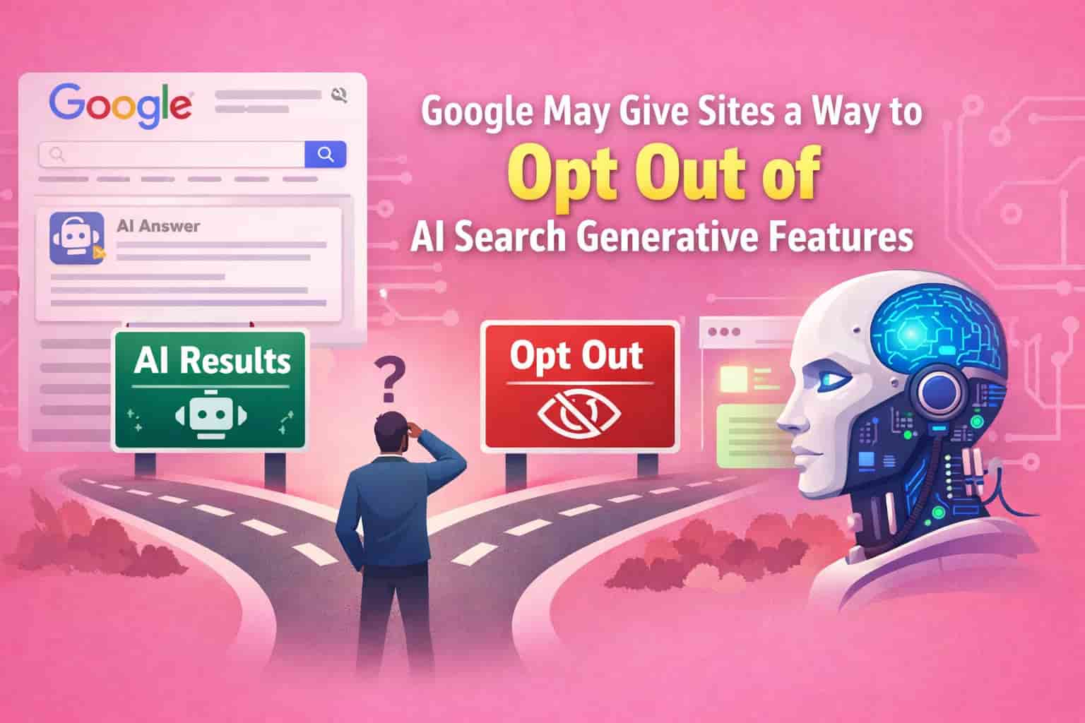 Illustration of a crossroads with "AI Results" and "Opt Out" signs, symbolizing Google’s potential option for websites to opt out of AI search generative features.