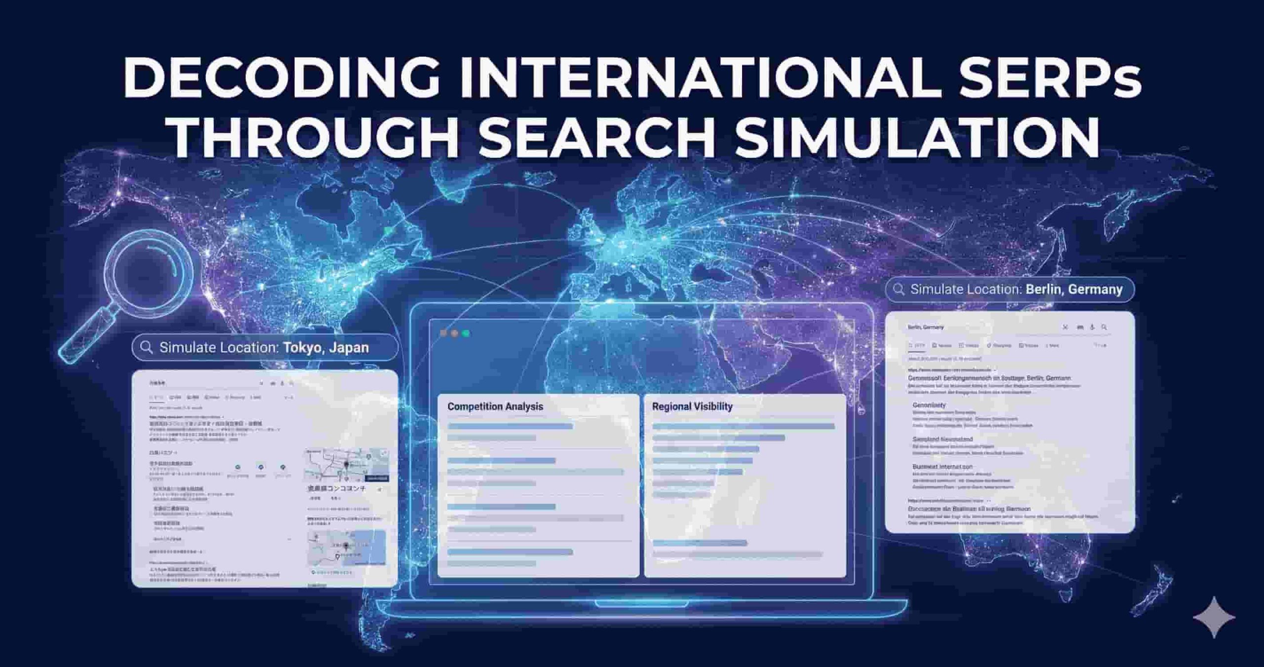 A high-tech digital map with localized search windows for Tokyo and Berlin, illustrating international search simulation and regional SERP analysis.
