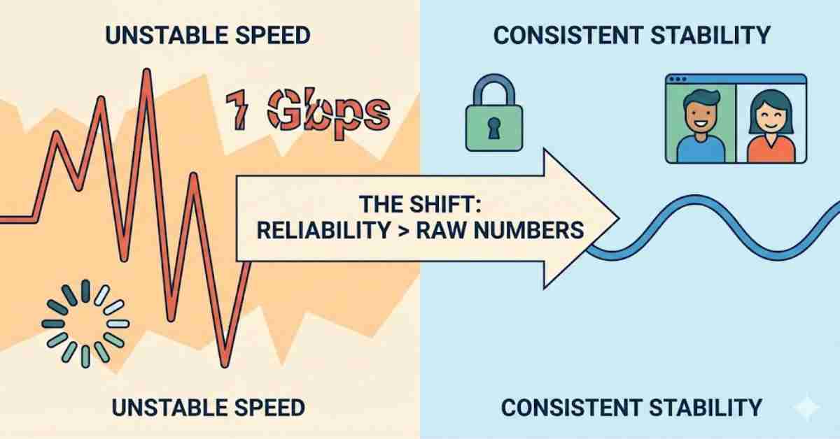 Minimalist graphic comparing unstable internet speed vs consistent network stability.