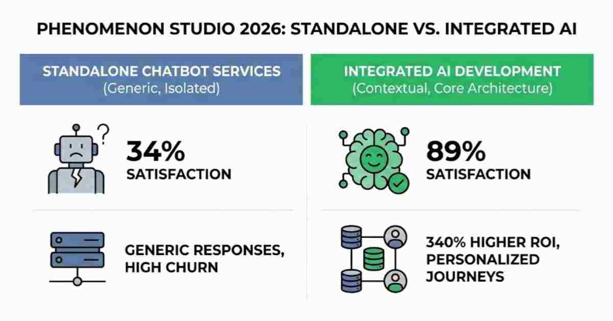 Infographic comparing Phenomenon Studio’s integrated AI chatbot ROI (89% satisfaction) vs standalone services (34% satisfaction) for 2026.