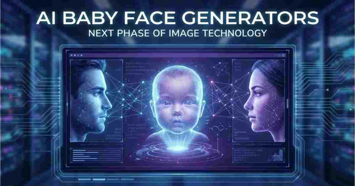 A digital interface showing AI facial synthesis, blending two adult profiles into a predicted baby face using neural networks and predictive technology.