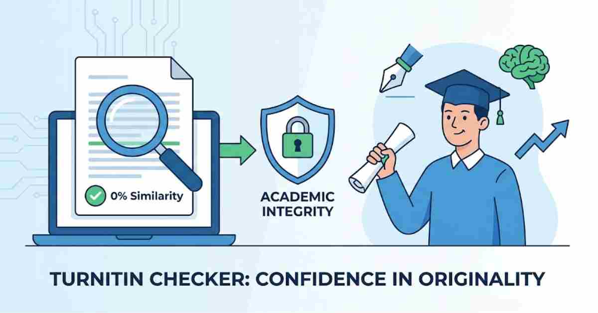Student using a laptop to check an assignment for plagiarism, with a digital shield icon symbolizing academic integrity and original content.