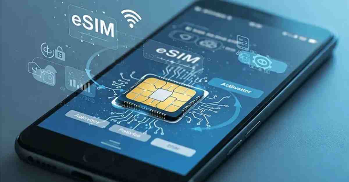 Conceptual illustration of eSIM technology and virtual phone numbers connecting a global digital network.