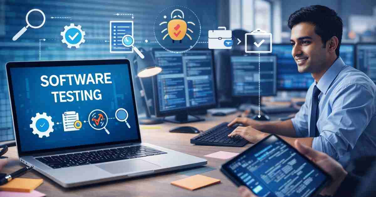 A digital interface showing automated software testing code, bug tracking icons, and quality assurance metrics on a laptop screen, representing a professional software testing career.