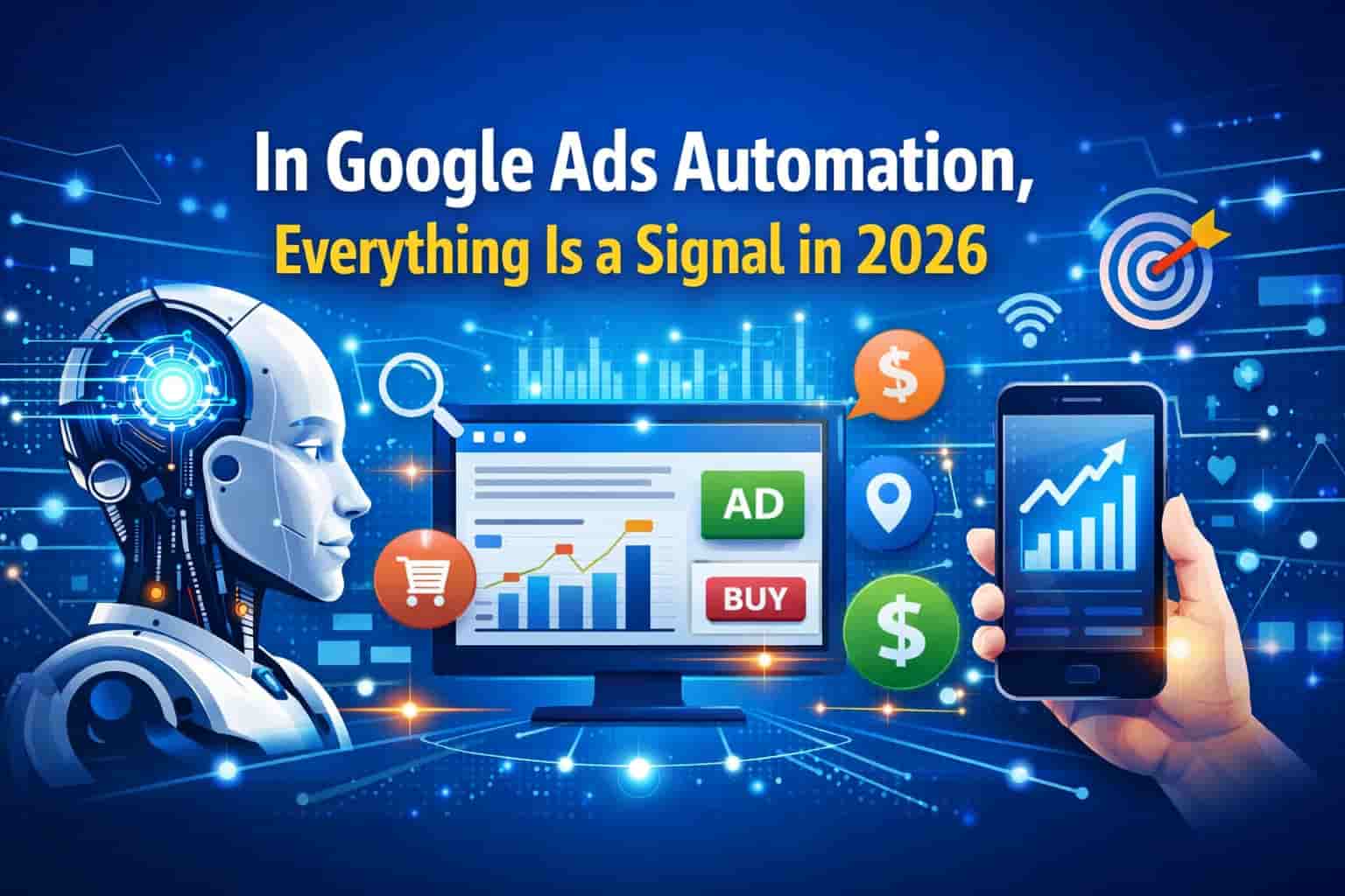 "Google Ads Automation in 2026 with robot, ads interface, and smartphone showing positive trends and data signals."