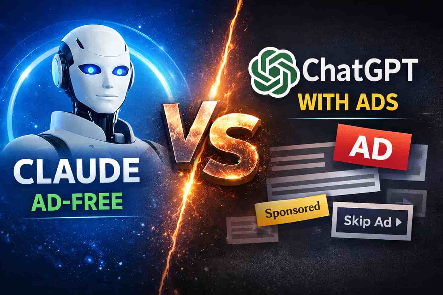 "Claude AI vs ChatGPT with ads comparison, showing ad-free Claude on the left and ad-supported ChatGPT on the right."