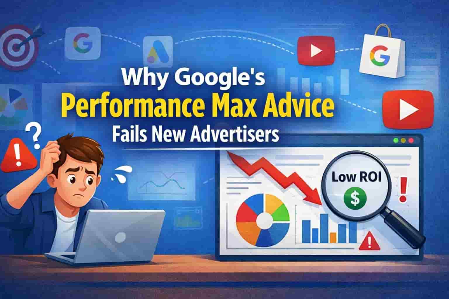 Illustration showing a frustrated advertiser analyzing low ROI from Google’s Performance Max, with performance graphs and Google logos.