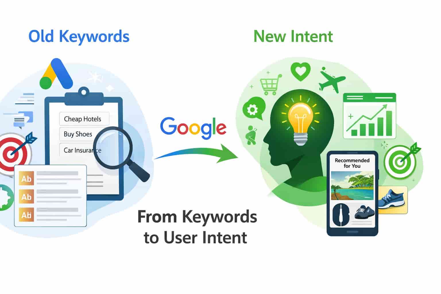 Illustration comparing old Google Ads keyword targeting vs. new intent-based advertising strategy.