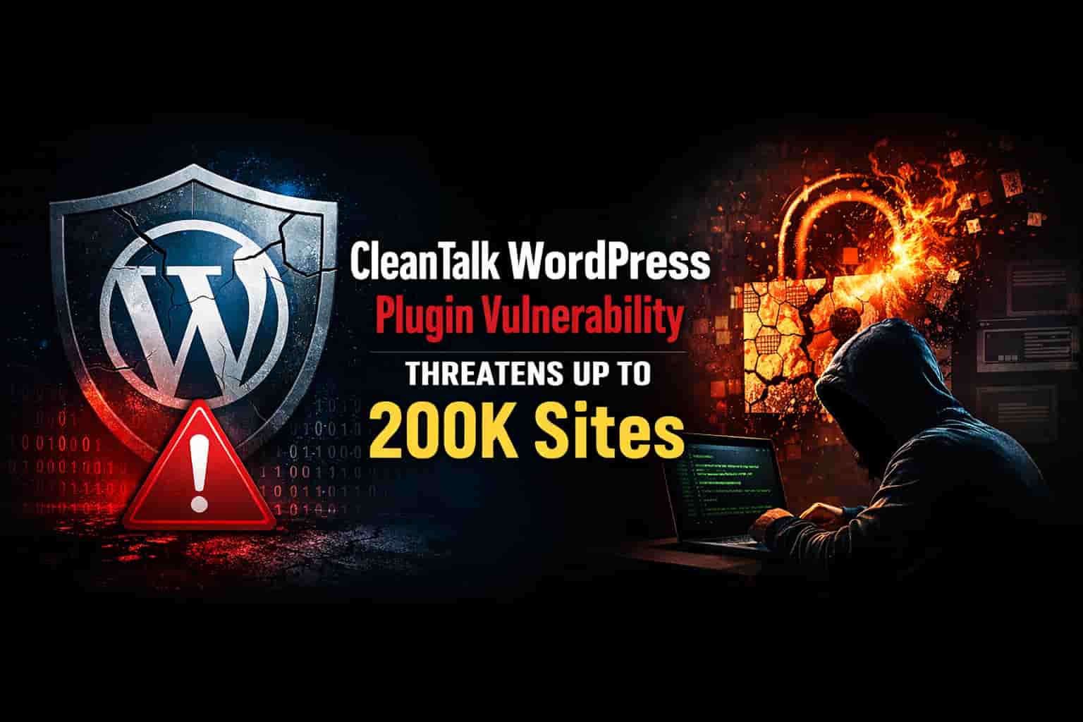 Illustration showing CleanTalk WordPress Plugin vulnerability with a cracked shield, red warning sign, hacker on laptop, and broken padlock.