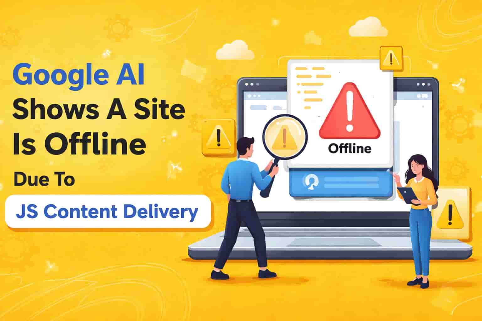 Google AI showing a site offline due to JS content delivery with a laptop and warning signs.