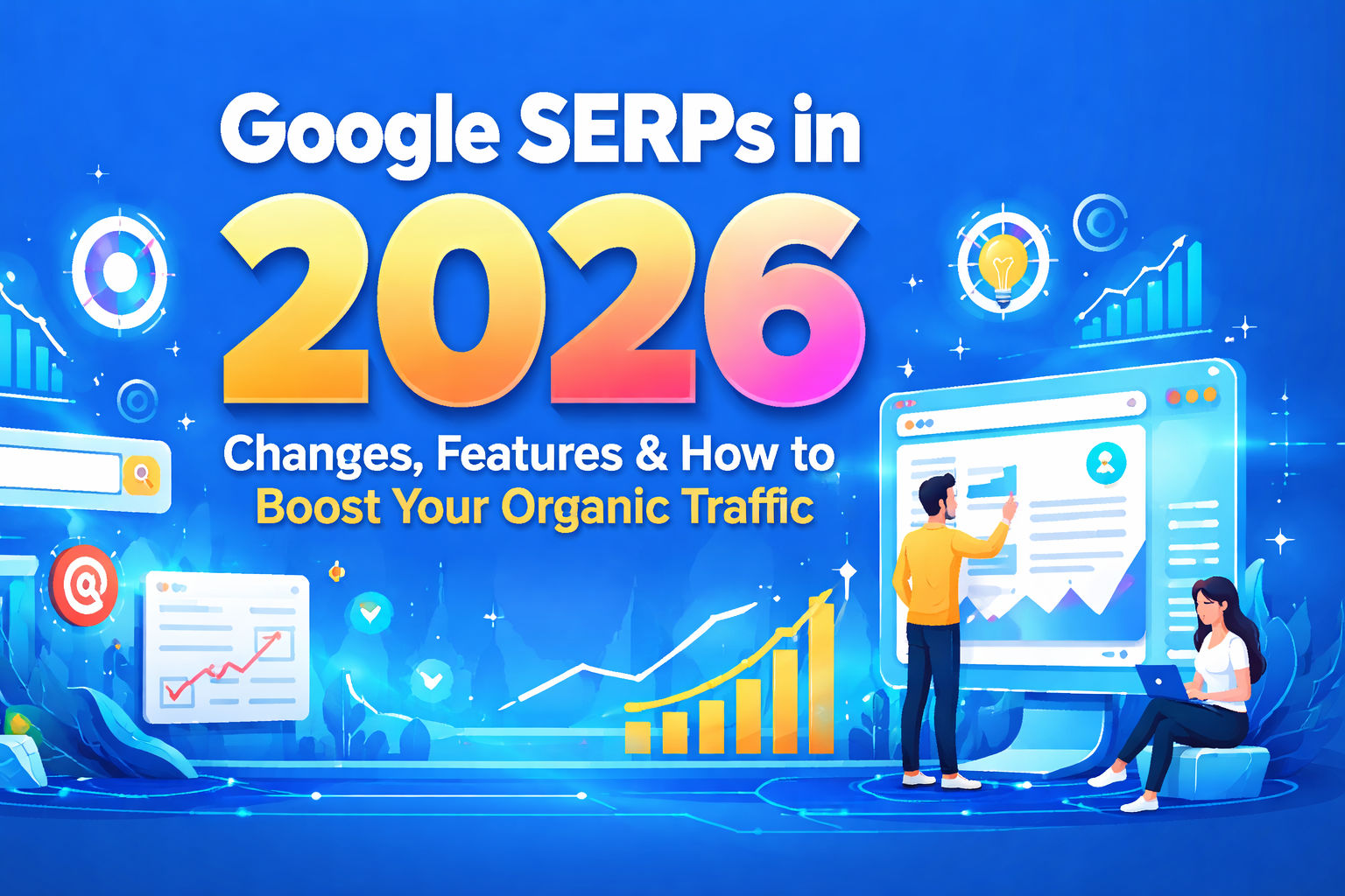 Illustration showing Google SERPs in 2026 with a focus on SEO strategies, AI, and ranking features.