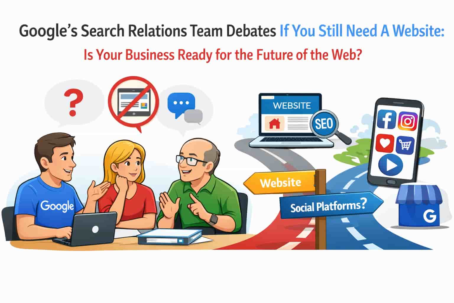 "Google experts discussing the future of websites with one road pointing to traditional websites and the other to social media platforms."