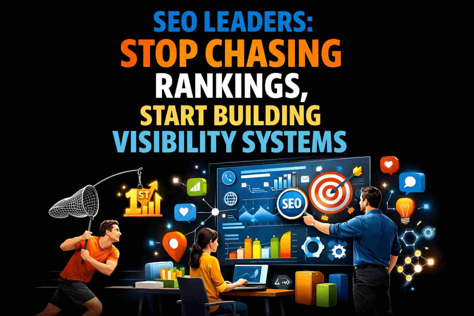 Illustration showing SEO leaders shifting focus from chasing rankings to building visibility systems.
