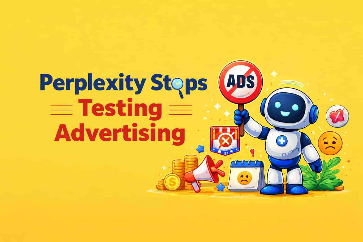 Perplexity stops testing advertising concept with AI robot and no ads sign on yellow background