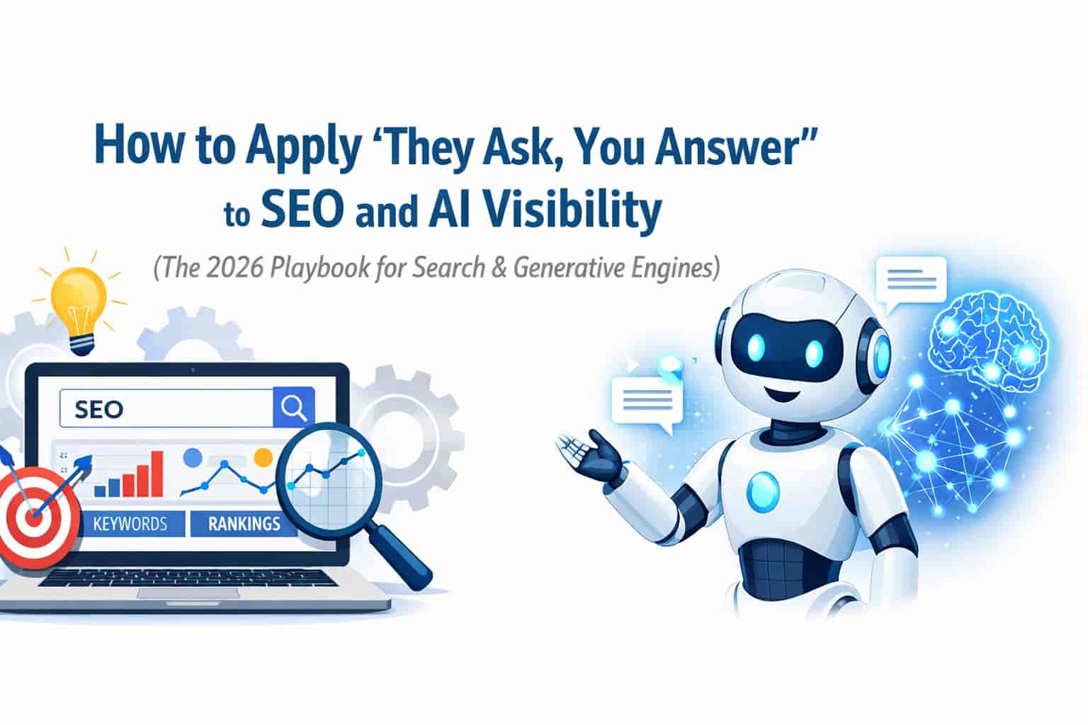 Illustration showing They Ask You Answer strategy applied to SEO and AI visibility with laptop analytics and AI assistant