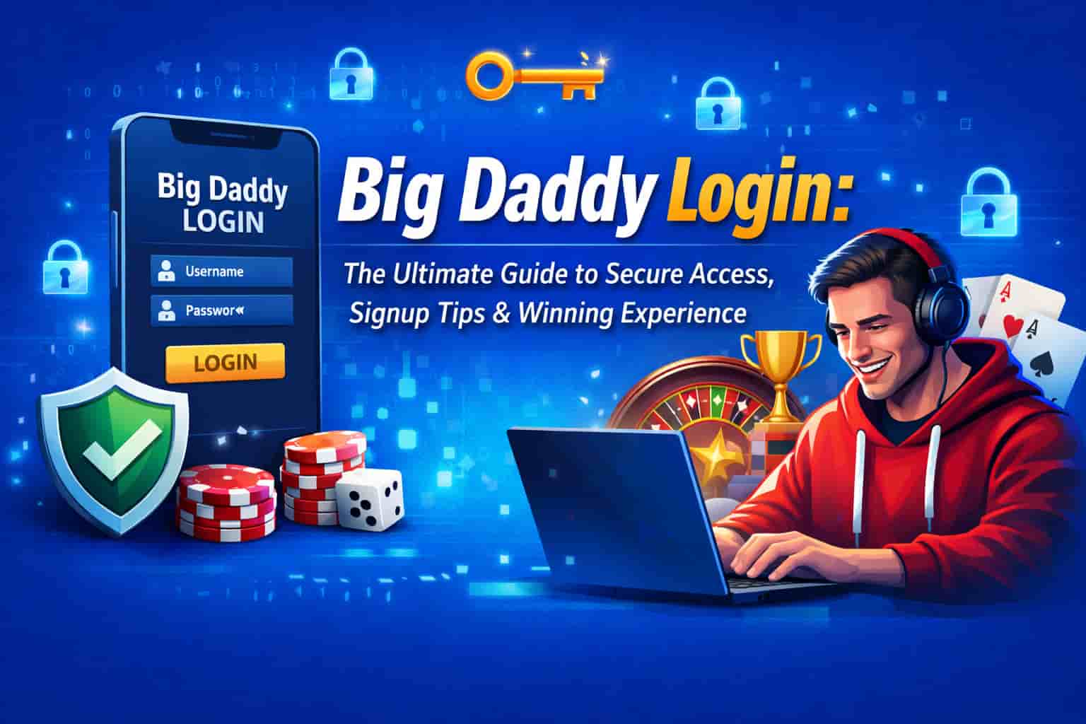 Big Daddy login secure access screen with mobile app, gaming elements and blue background banner