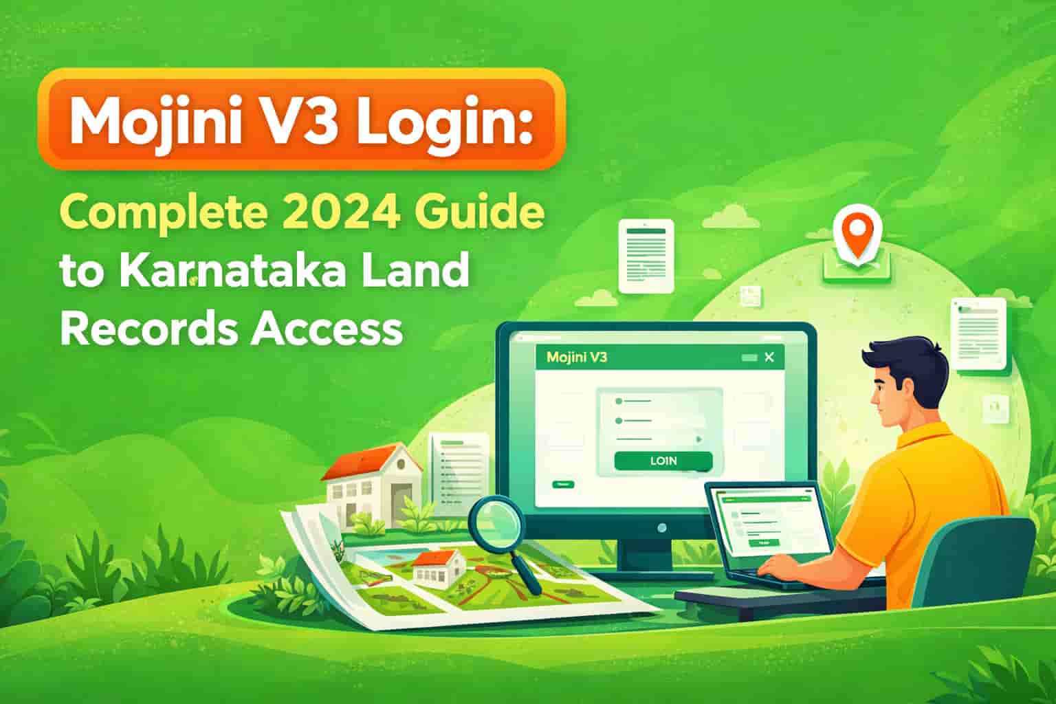 Mojini V3 login portal screen with Karnataka land records access dashboard on green background