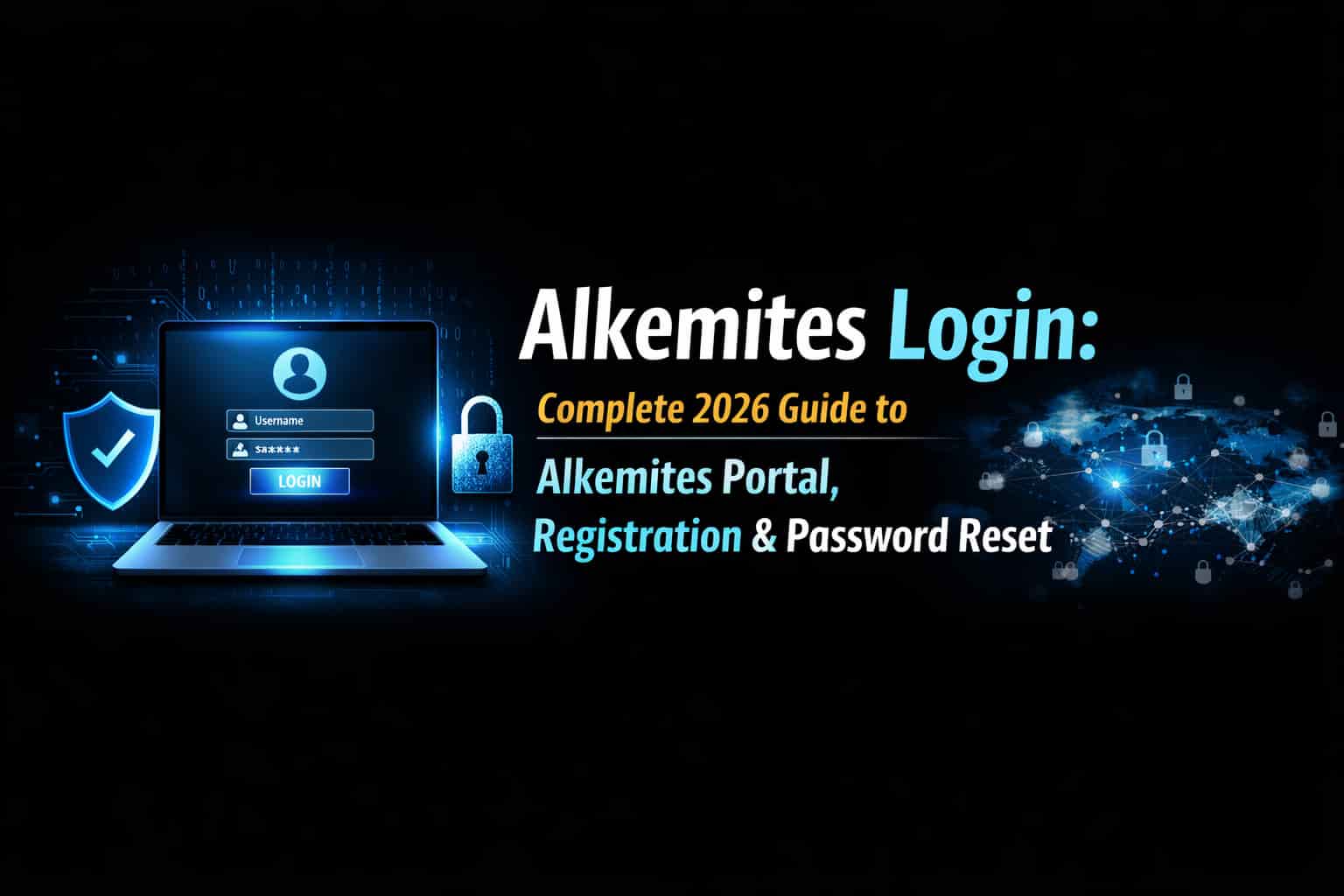 Alkemites login portal guide 2026 with employee HR portal and password reset interface on black background