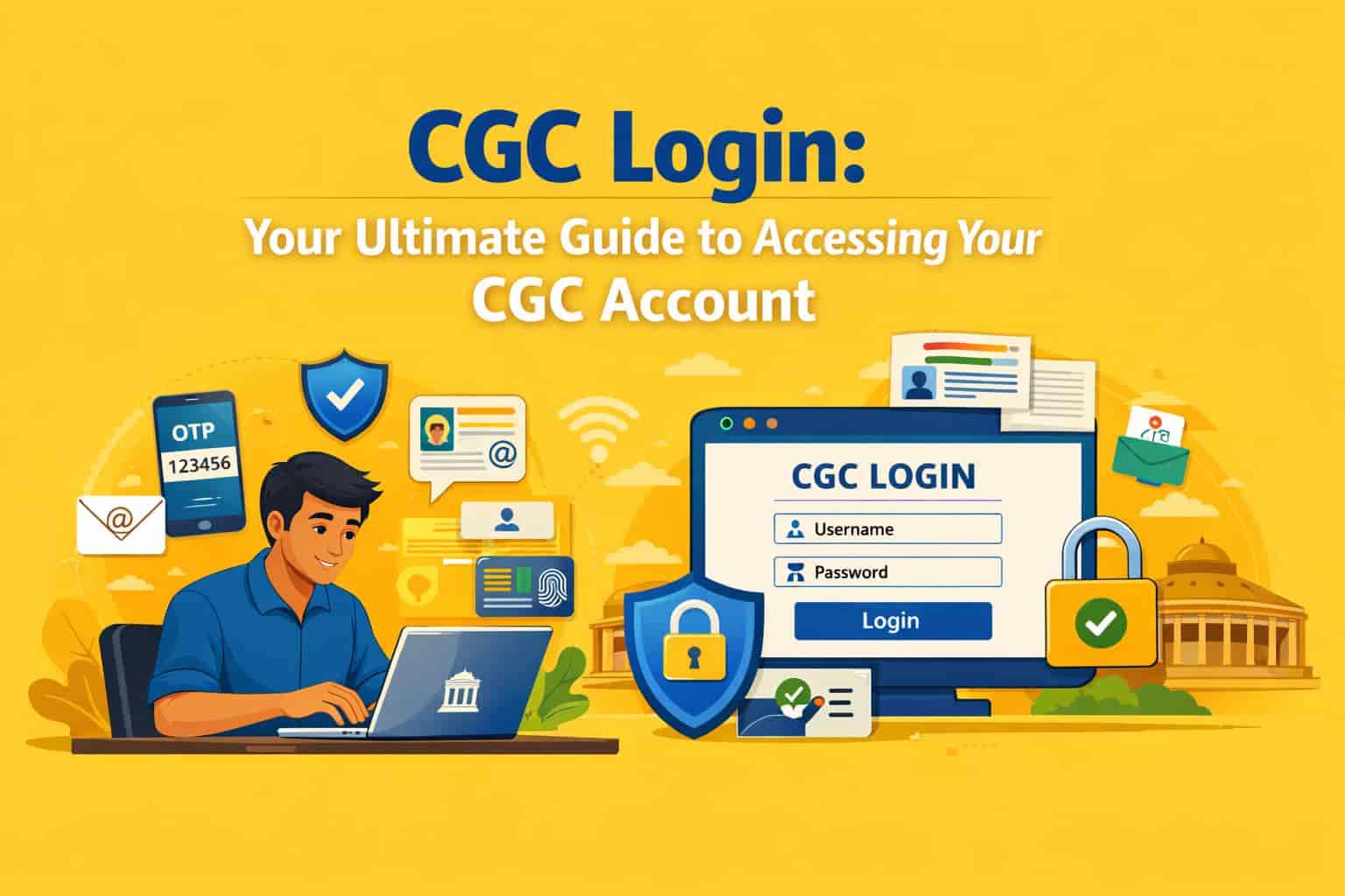 Illustration of CGC login process with a young man accessing his account on a laptop.
