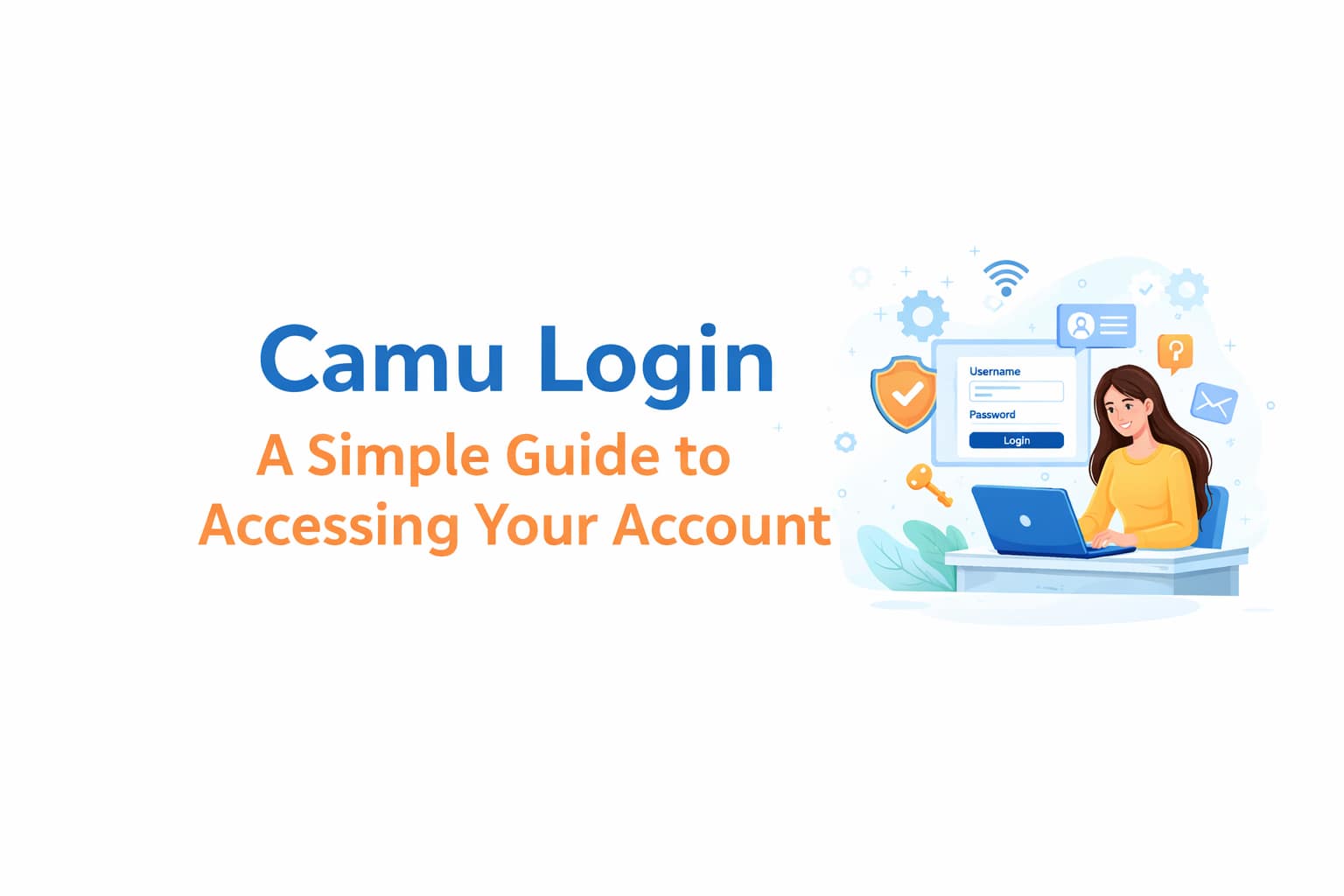 Camu login guide illustration with a woman on her laptop and login fields.