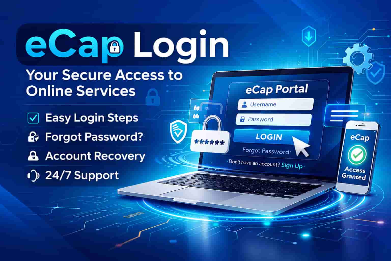 eCap login interface with security icons and step-by-step guide for login and account recovery.