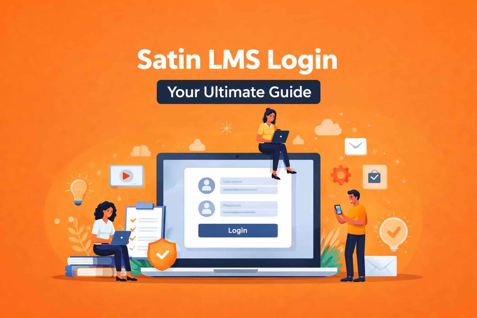 Satin LMS login guide with characters interacting with a laptop, featuring a bright orange background and user-friendly design.