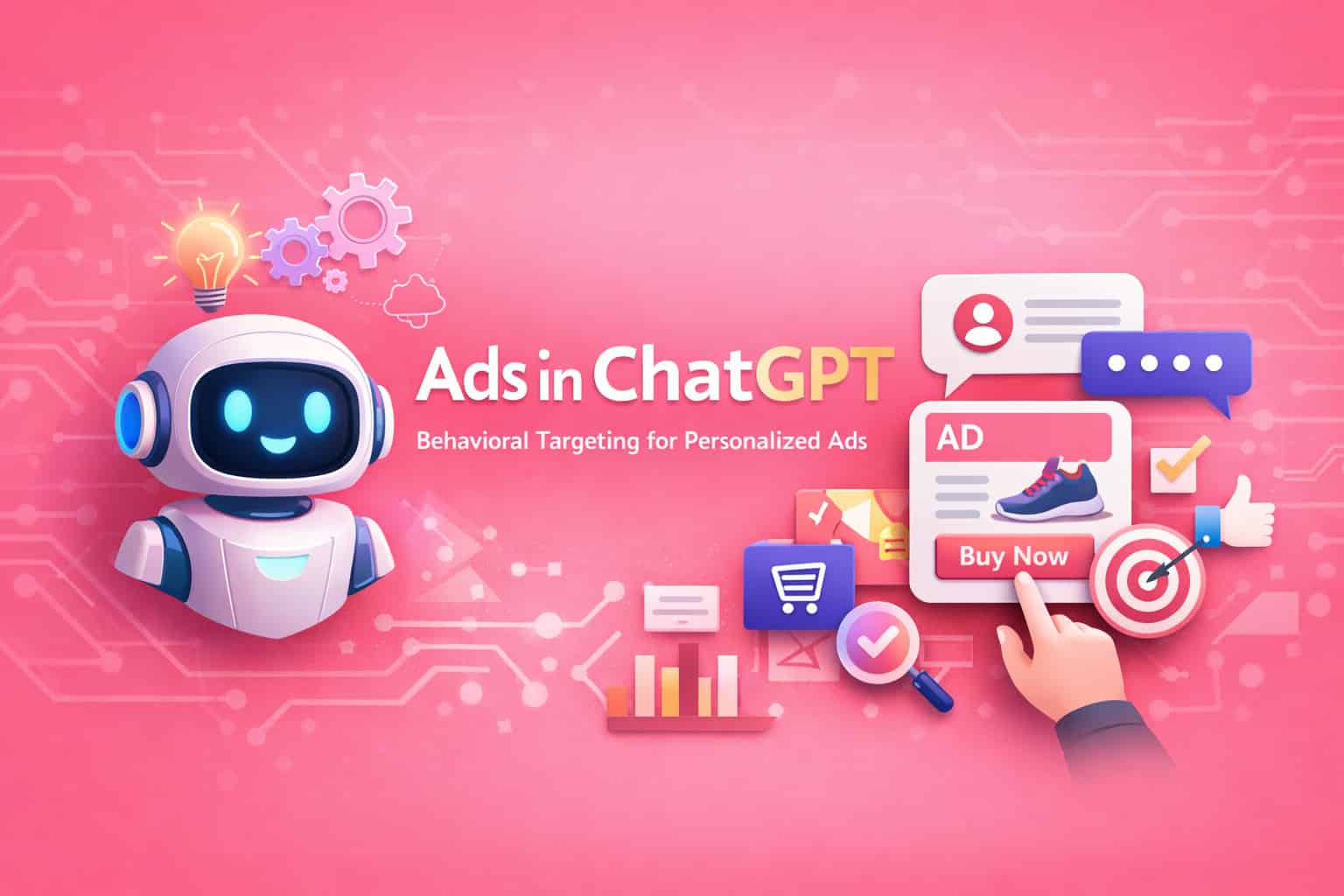 ChatGPT ad system showing behavioral targeting with a personalized "Buy Now" ad surrounded by digital icons on a pink background.