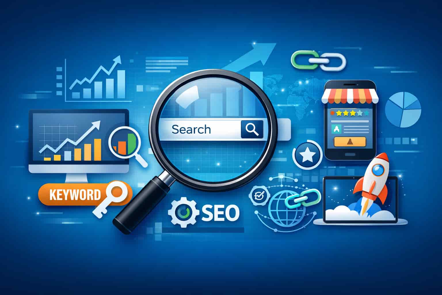Digital illustration showcasing competitive research in SEO and AEO with graphs, keywords, and app store symbols on a blue background.