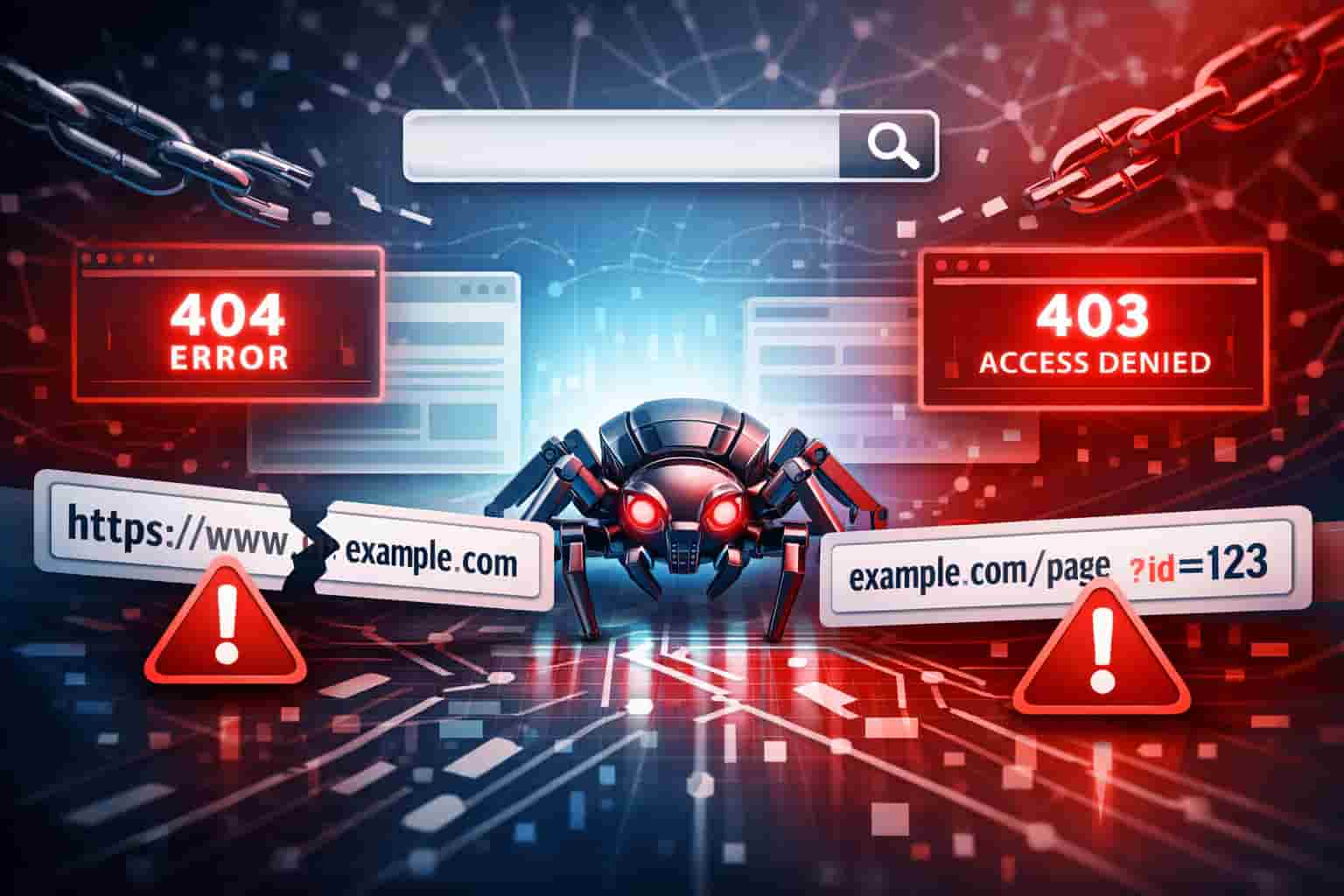 "SEO crawling issues with broken URLs and error messages like 404 and 403 shown in a digital illustration."
